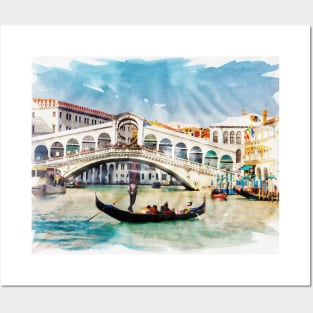 Venice Italy ✪ Watercolor style poster | Most Beautiful Places on Earth | Gondolier on a canal Posters and Art